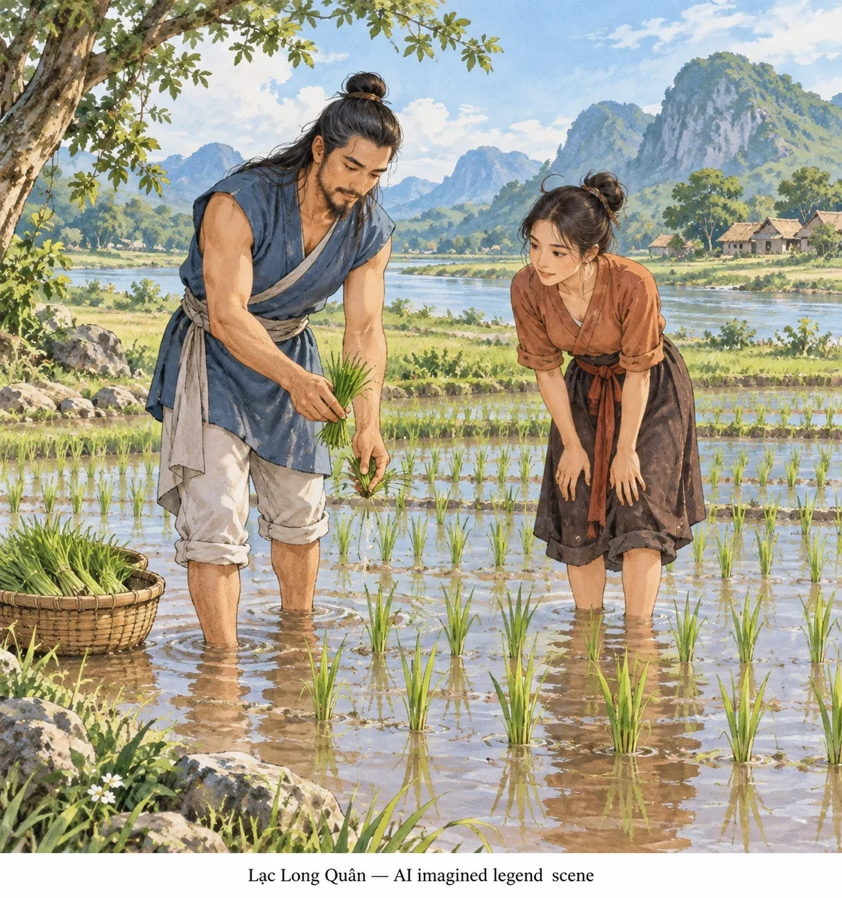 AI cultivation lesson; bodies, dress and landscape imagined, not historical evidence.