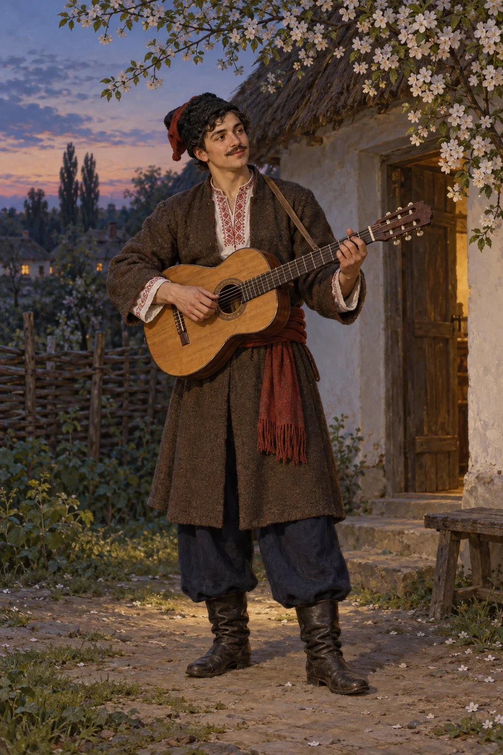 Levko playing a guitar outside a cherry-shaded cottage