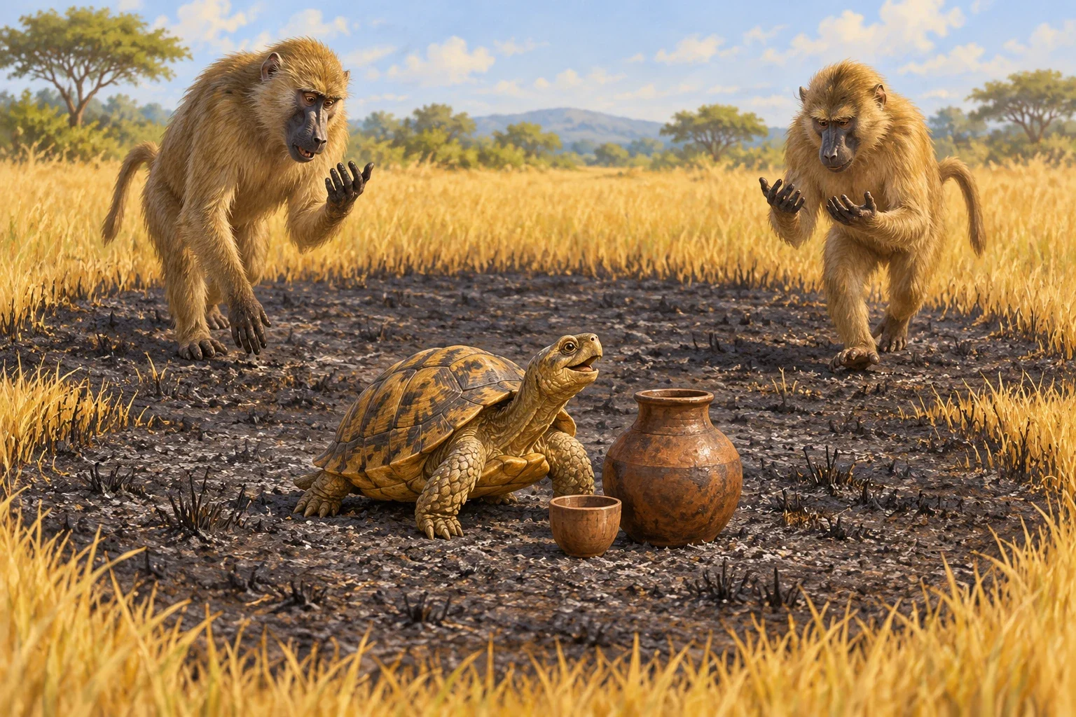 A tortoise waits beside a cup and beer vessel while two baboons examine their dirty hands on a patch of burned grass.