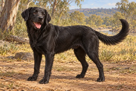An imagined complete large black young retriever with a friendly open mouth and heavy tail.