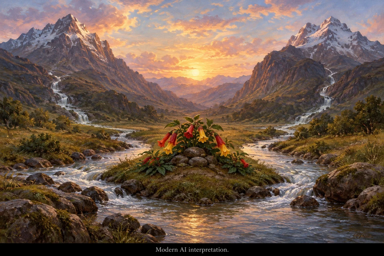AI interpretation of the kantuta growing below two mountains.