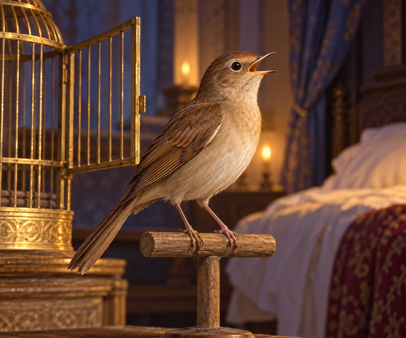 A complete small brown songbird stands near an open cage with its beak parted in song.