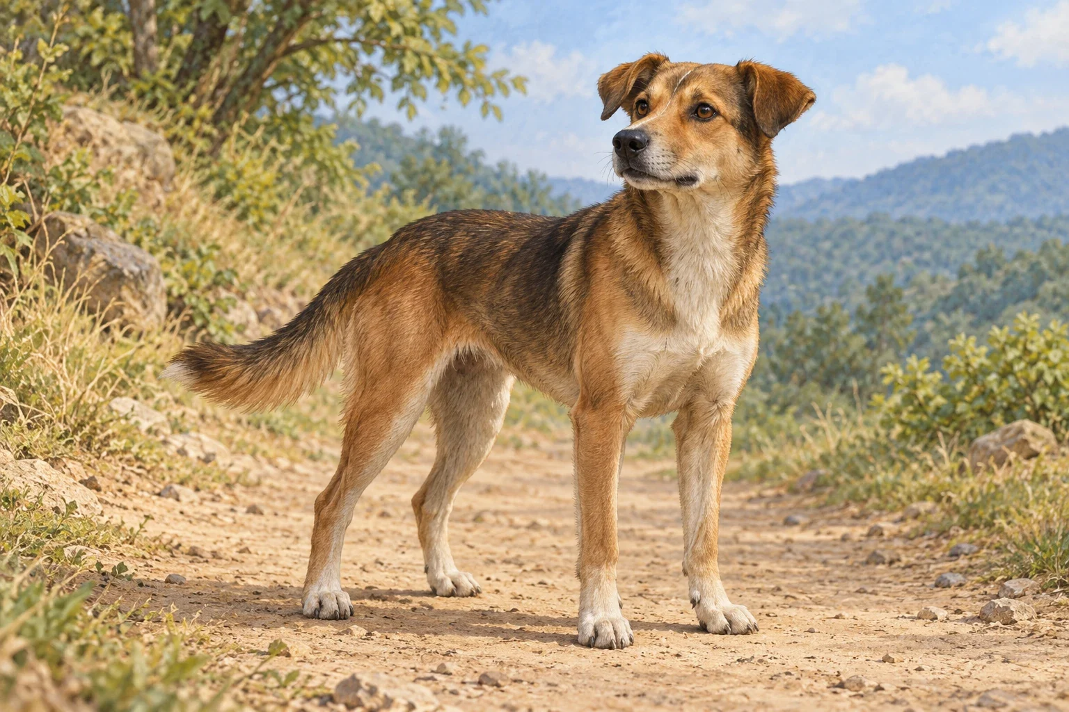 A complete ordinary dog stands attentively on a quiet path