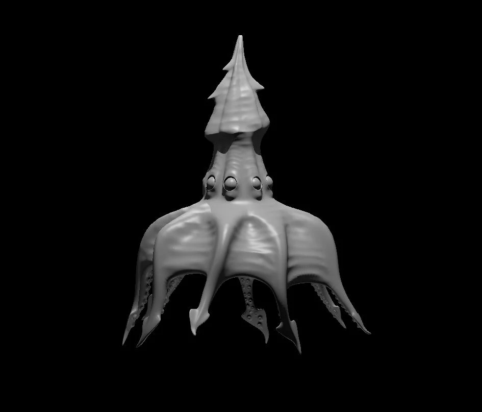 Grey pointed squidlike darkmantle model with prominent eyes and spreading webbed tentacles against black.