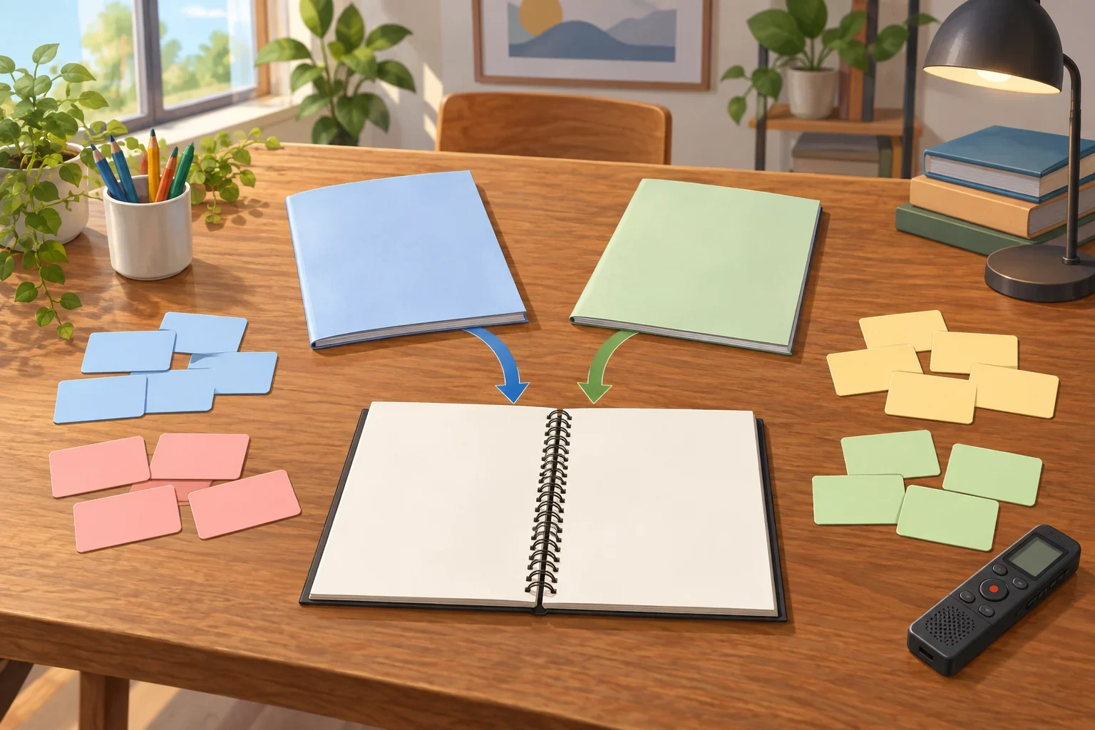 Imagined Pyam literacy desk with blank spelling cards and reference notebook