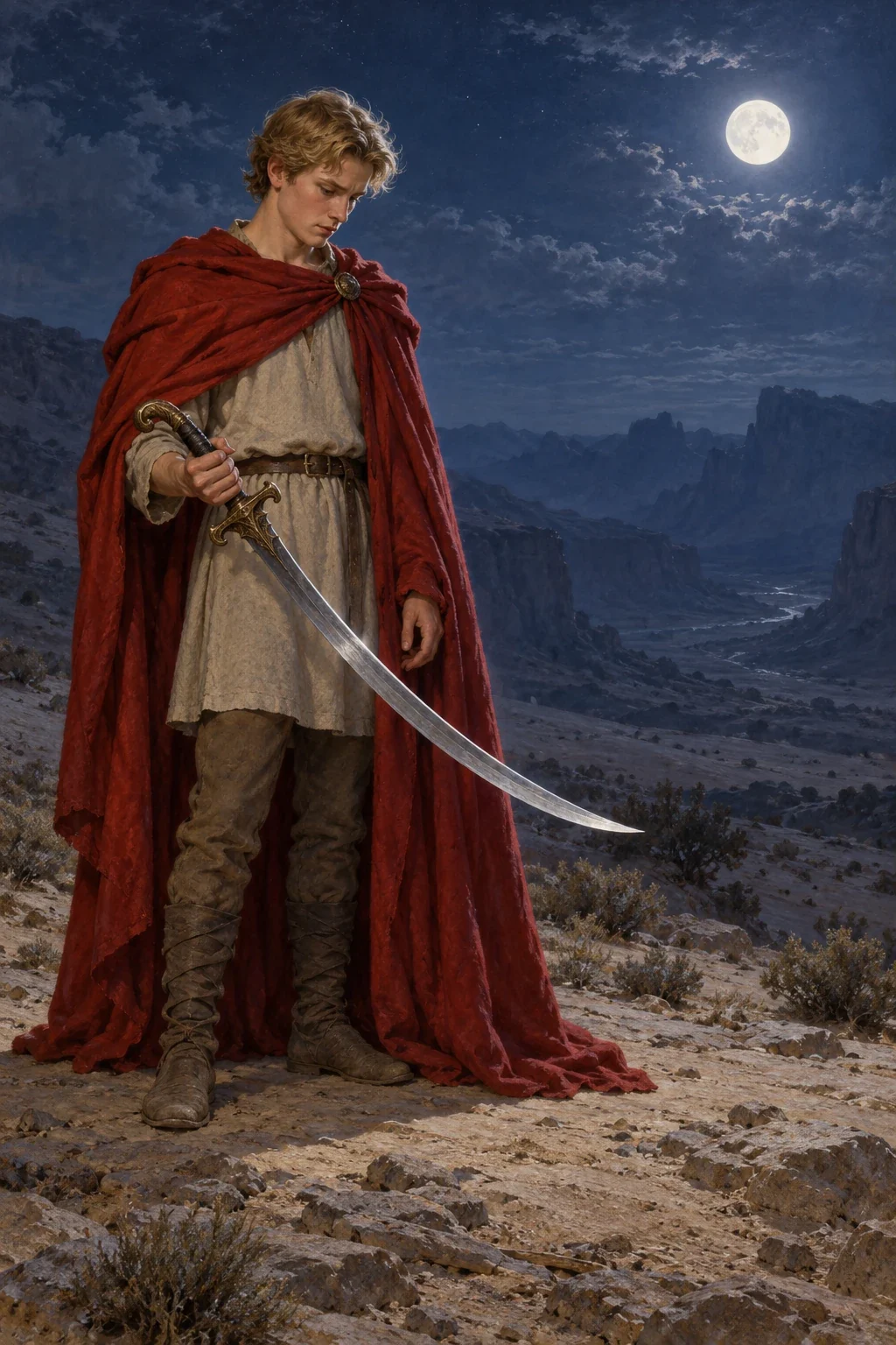 AI interpretation of eighteen-year-old Rold wearing Welleran's red cloak and contemplating the curved sword before battle.