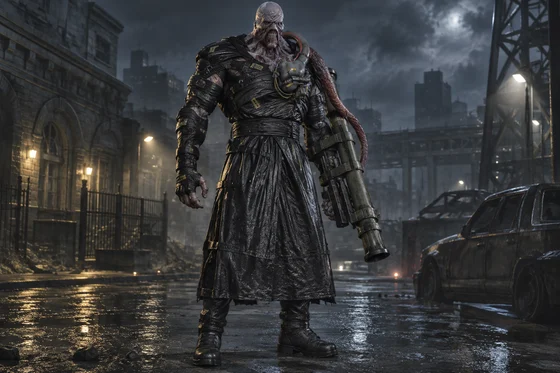 Mutated humanoid holds a launcher in a ruined street.
