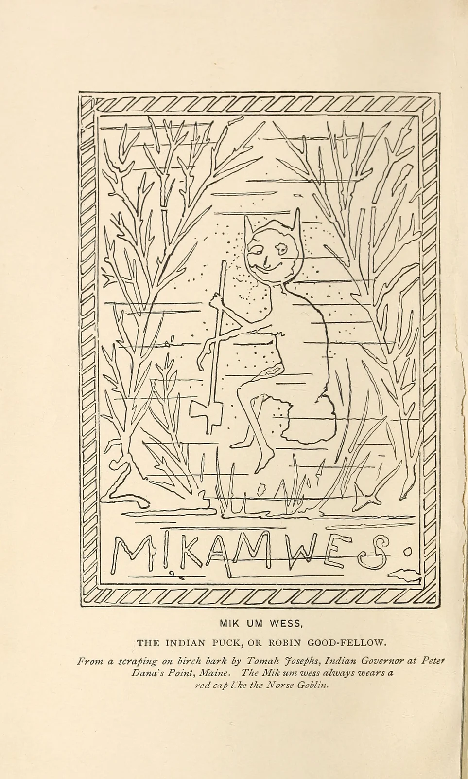 Mikamwes seated among trees, Tomah Joseph birchbark design reproduced in Leland 1884