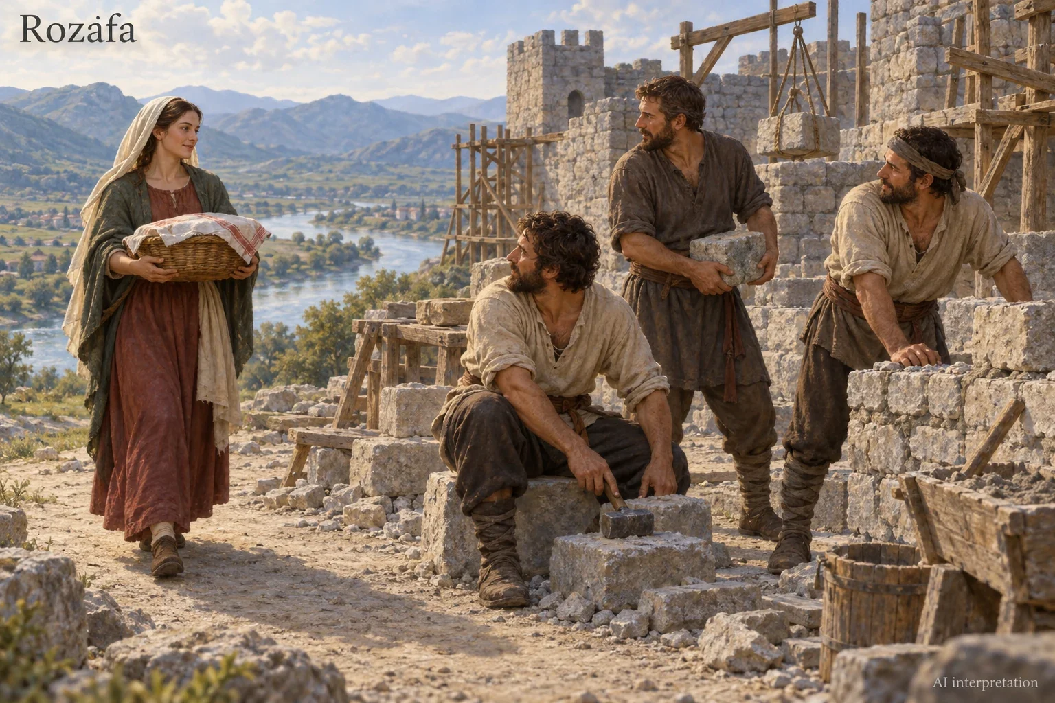 Imagined Rozafa brings bread to three builders.