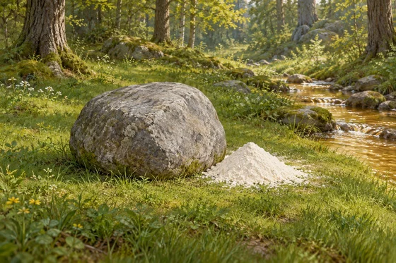 AI-generated narrative interpretation of the self-working flour stone beside its separate honey stream