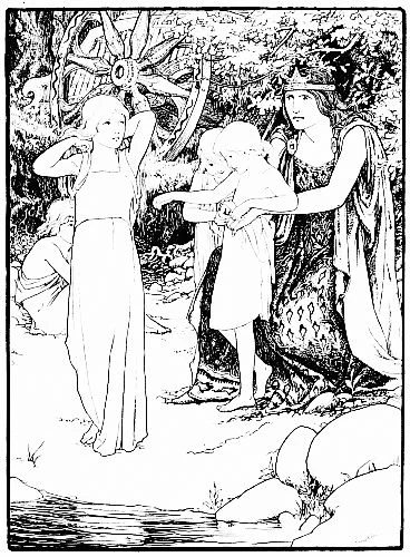 A crowned woman gestures beside two children near a chariot, with two swans in the foreground.