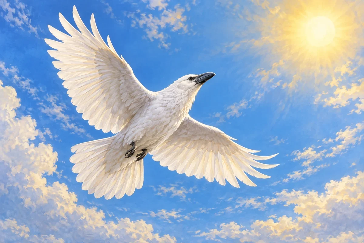 AI contextual interpretation of Wak’s initially white raven messenger. Bird and sky imagined; no deity portrait or historical reconstruction.