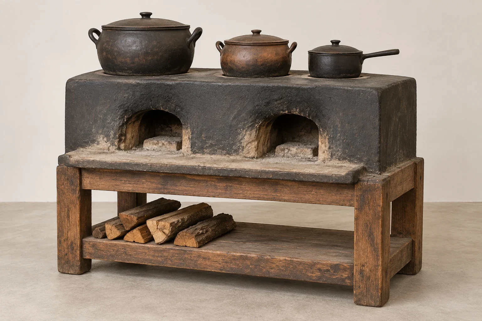 Kitchen range with two fire openings and lower fuel bay.