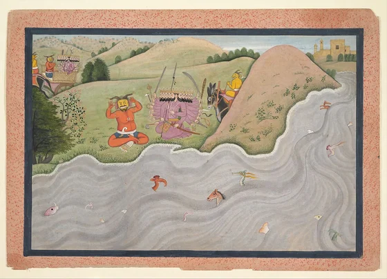 Maricha, seated red-orange demon at left, trying to dissuade the many-headed Ravana, Kangra painting ca.1780