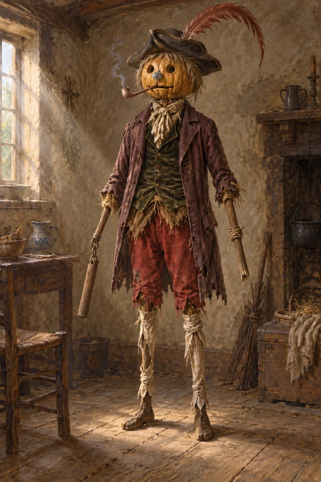 AI interpretation of Feathertop as the original clothed pumpkin-headed scarecrow, with a smoking pipe.