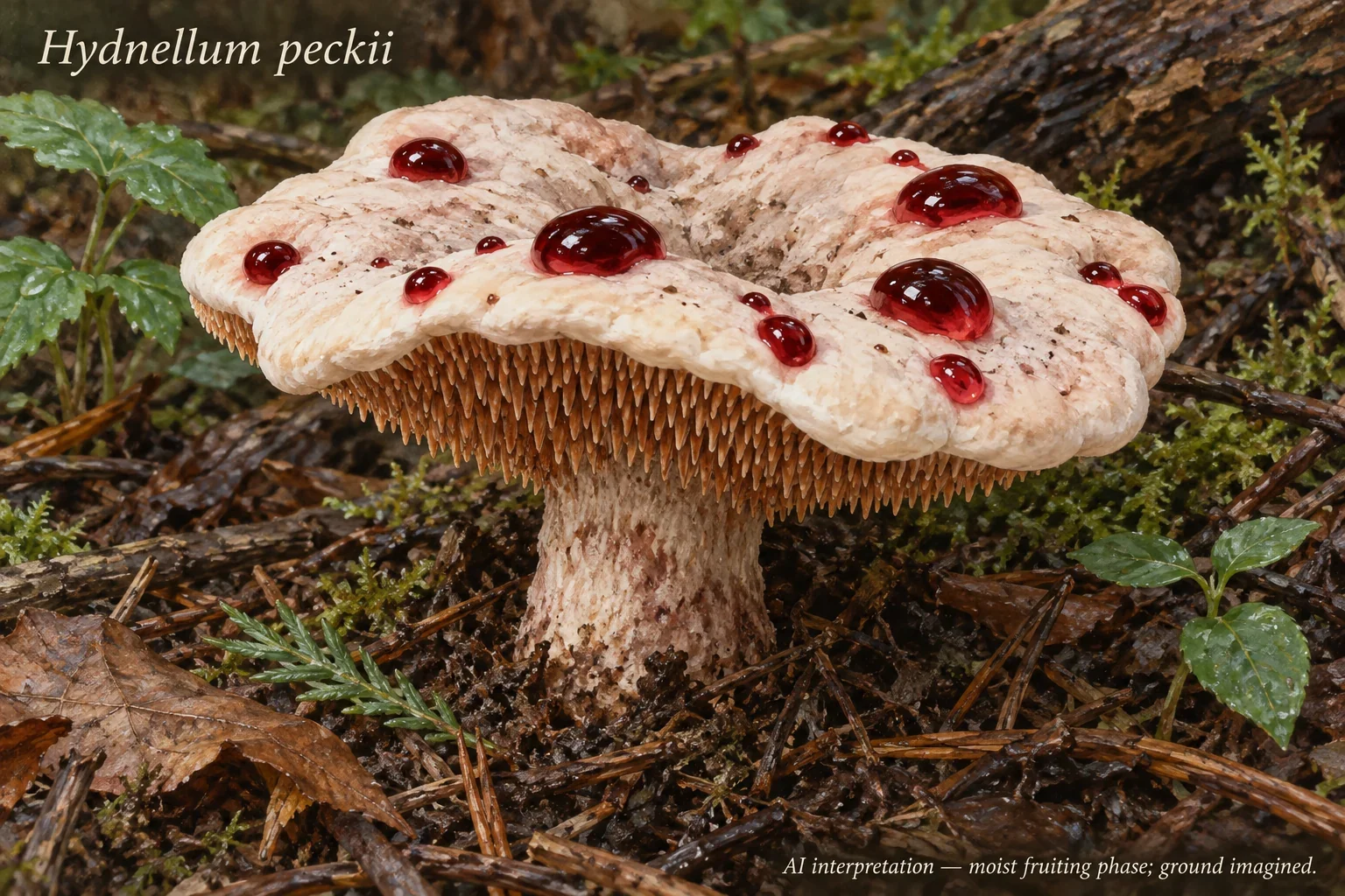 AI pale tooth fungus with red droplets and underside spines.