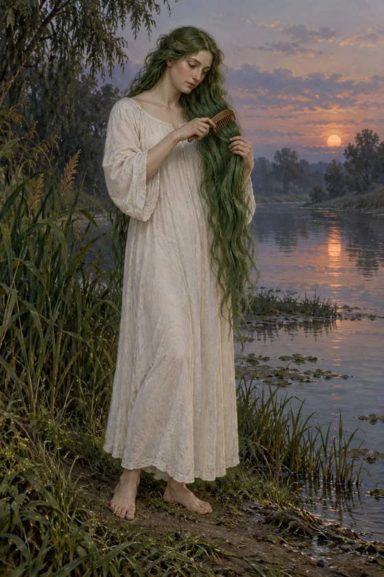 AI interpretation of a green-haired adult Rusalka combing her hair beside a river in an opaque white shift