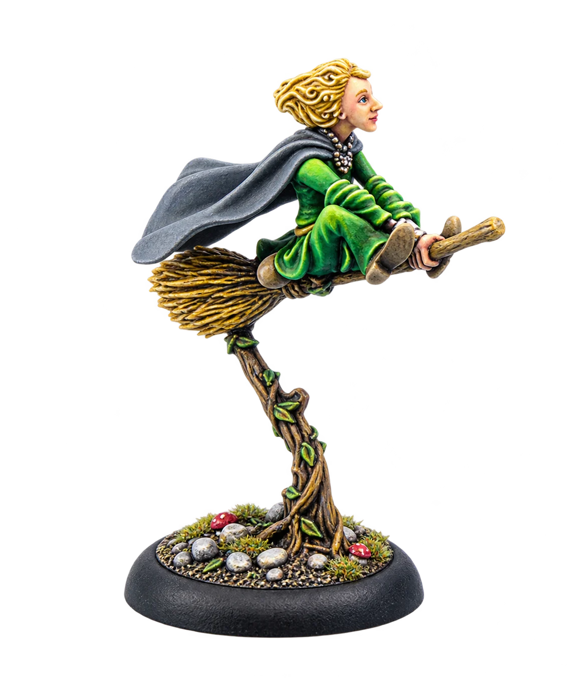 Magrat riding a broom.