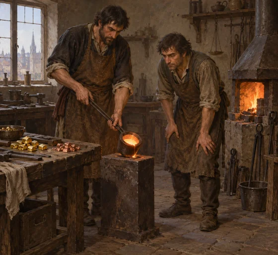 Modern AI interpretation of Hans and Schwartz in their goldsmith workshop.