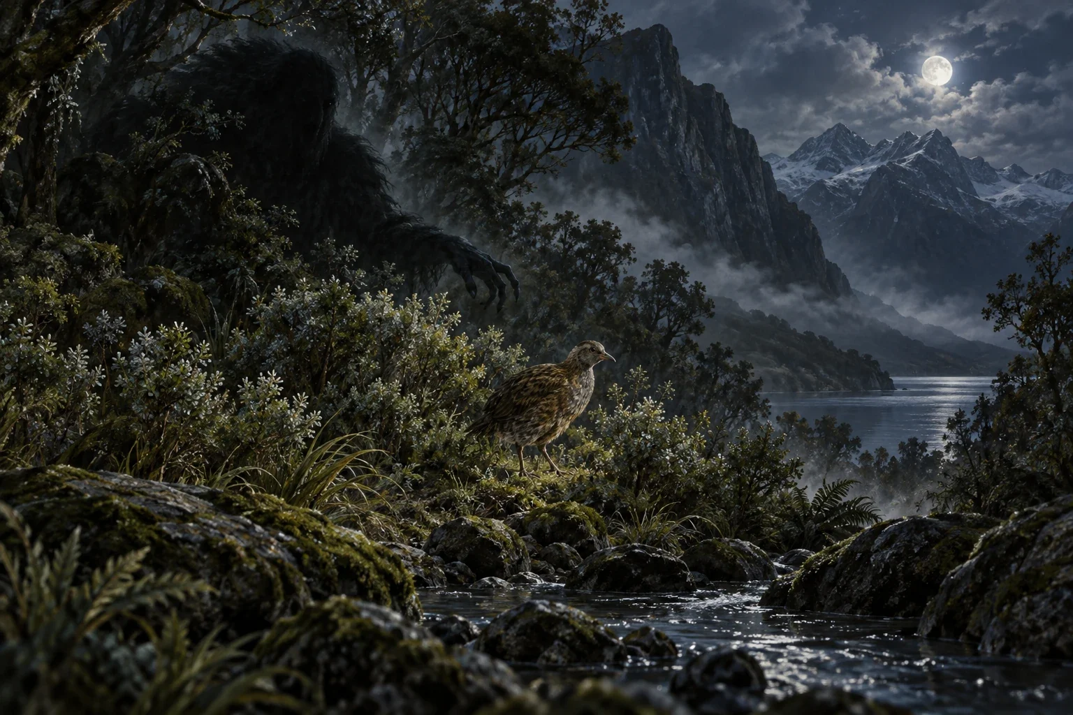 Maeroero of the Wakatipu mountains - AI-generated imagined folklore illustration.