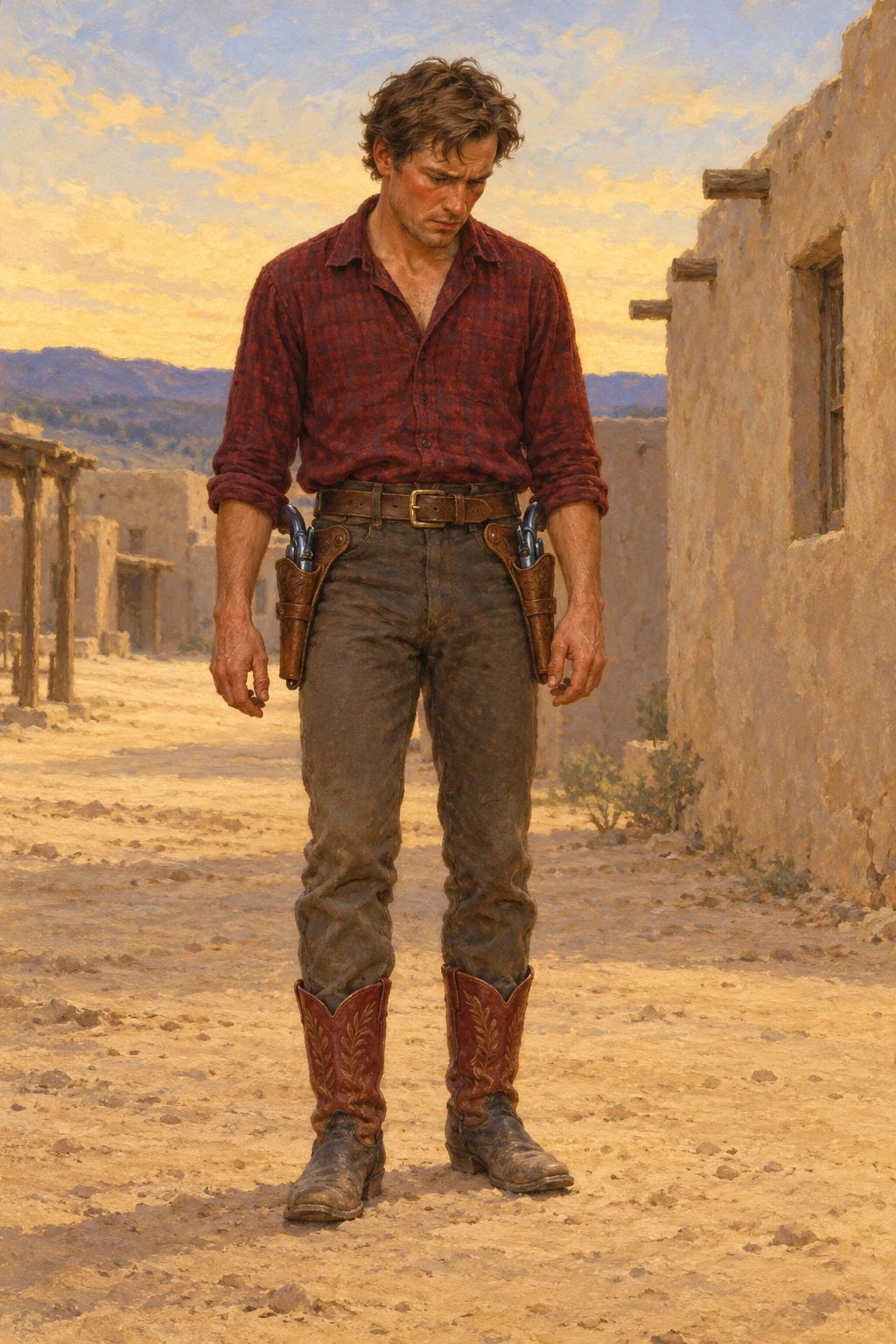 AI interpretation of Scratchy Wilson after the confrontation, in his maroon shirt and red-topped boots with both revolvers holstered.