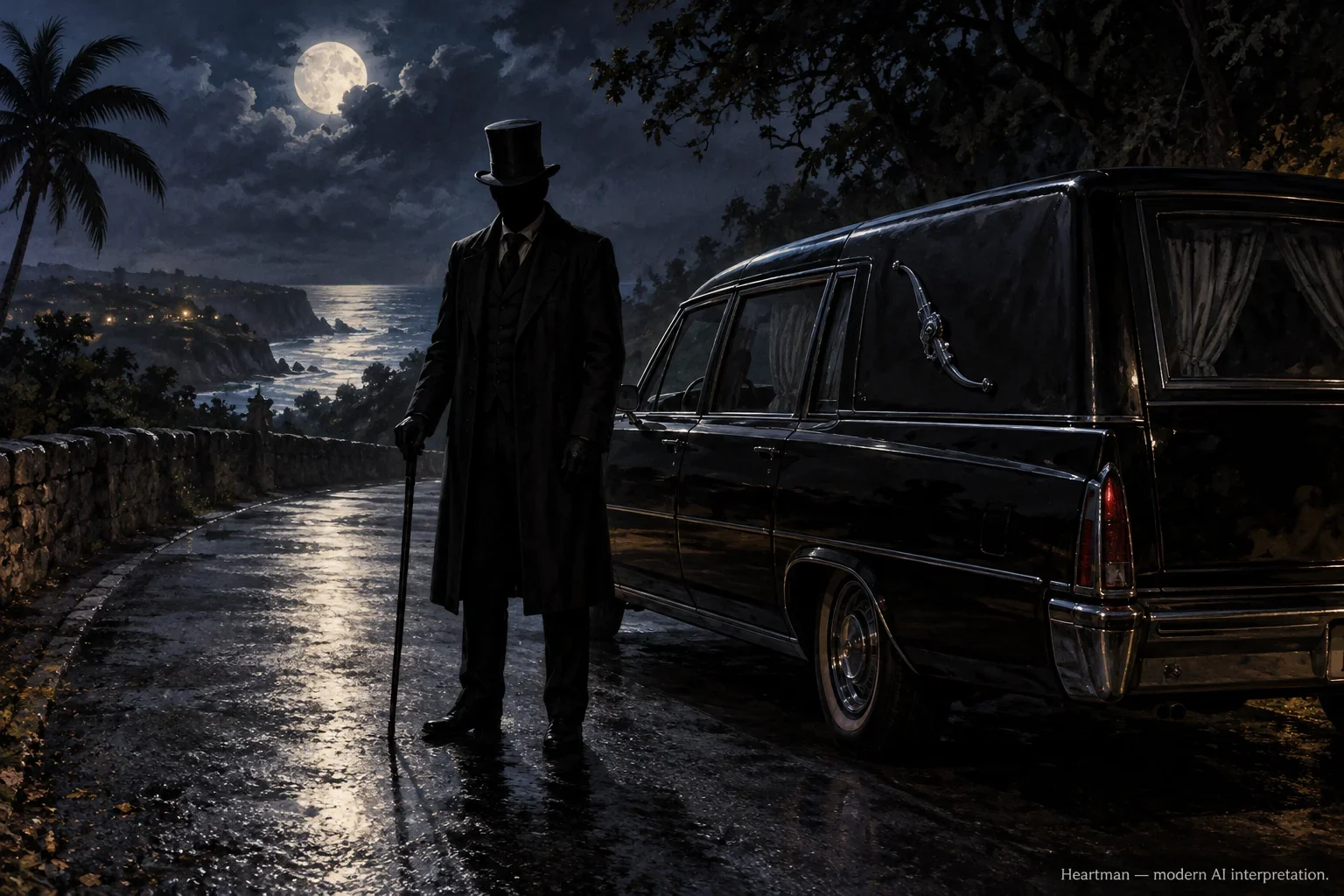 AI imagined Heartman beside a black hearse at night.