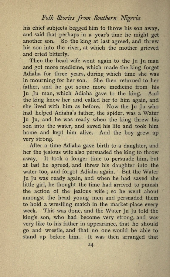 Water Ju Ju (Adiaha tale),1910 historical printed text witness, page14; documentary source-page facsimile
