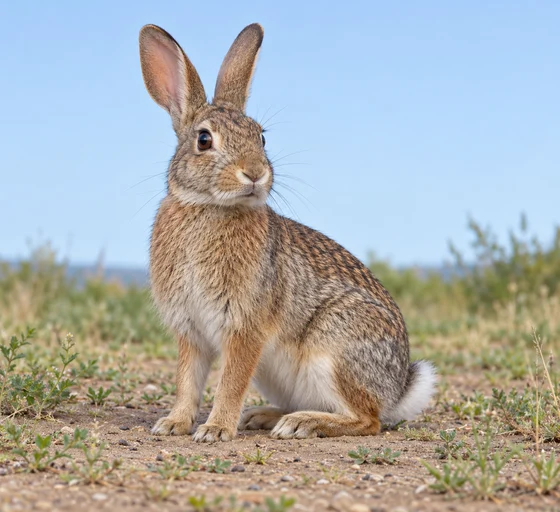 A complete imagined rabbit sitting alert on simple ground.