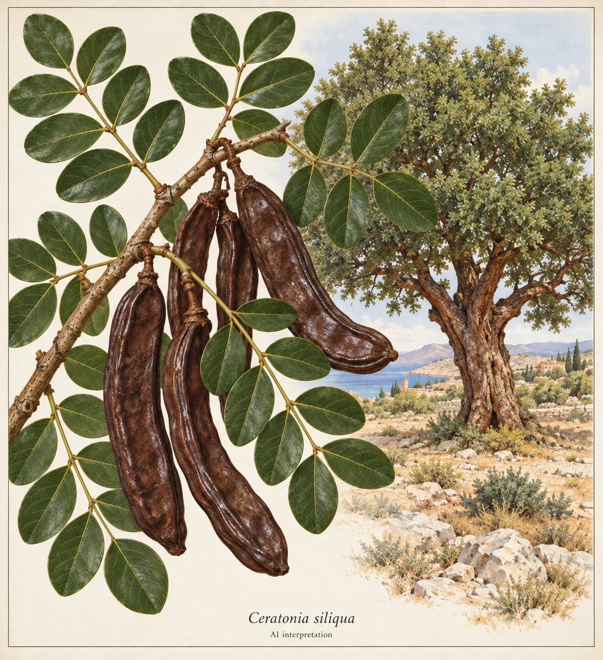AI botanical illustration of carob foliage and thick brown pods.