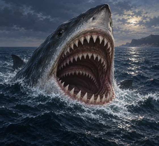 Unofficial AI interpretation of the Terrible Shark raising its enormous head, with three separated tooth bands following the translated narrative. Head proportions, palette, teeth within each row, fins, coast and sea details are imagined. This is literary staging, not a real species plate.