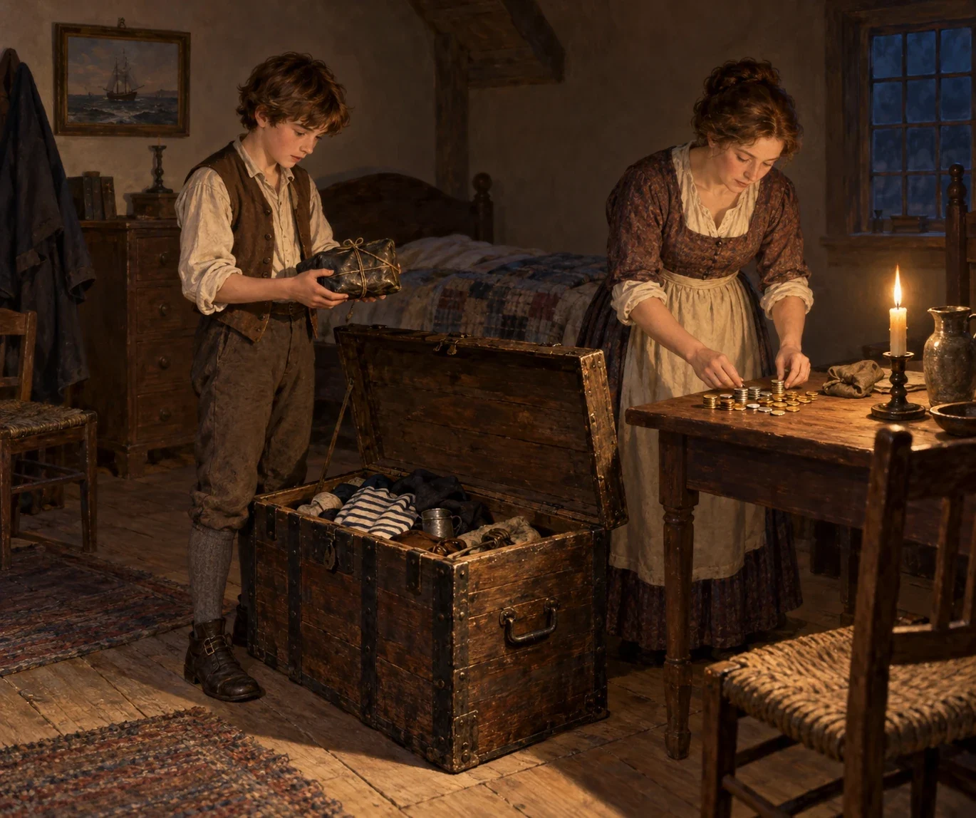 Modern AI interpretation of Jim Hawkins taking the oilskin packet beside the opened chest.