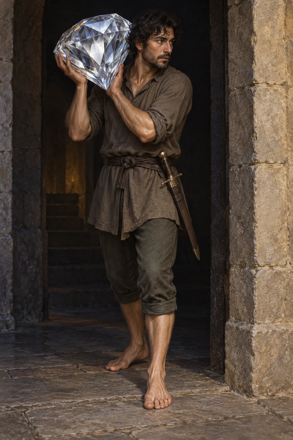 An imagined barefoot human thief supporting a huge diamond at his shoulder, with a sheathed sword.