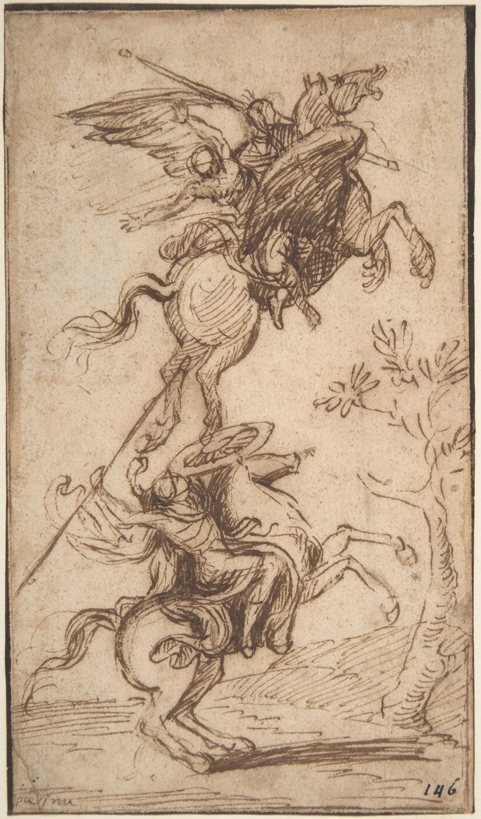 Poussin’s winged hippogriff carrying Atlante and Pinabello’s lady above a pursuing horseman
