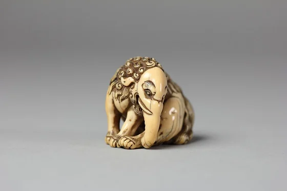 Seated Baku ivory netsuke with trunk, tusks and curled mane, Japan, nineteenth century