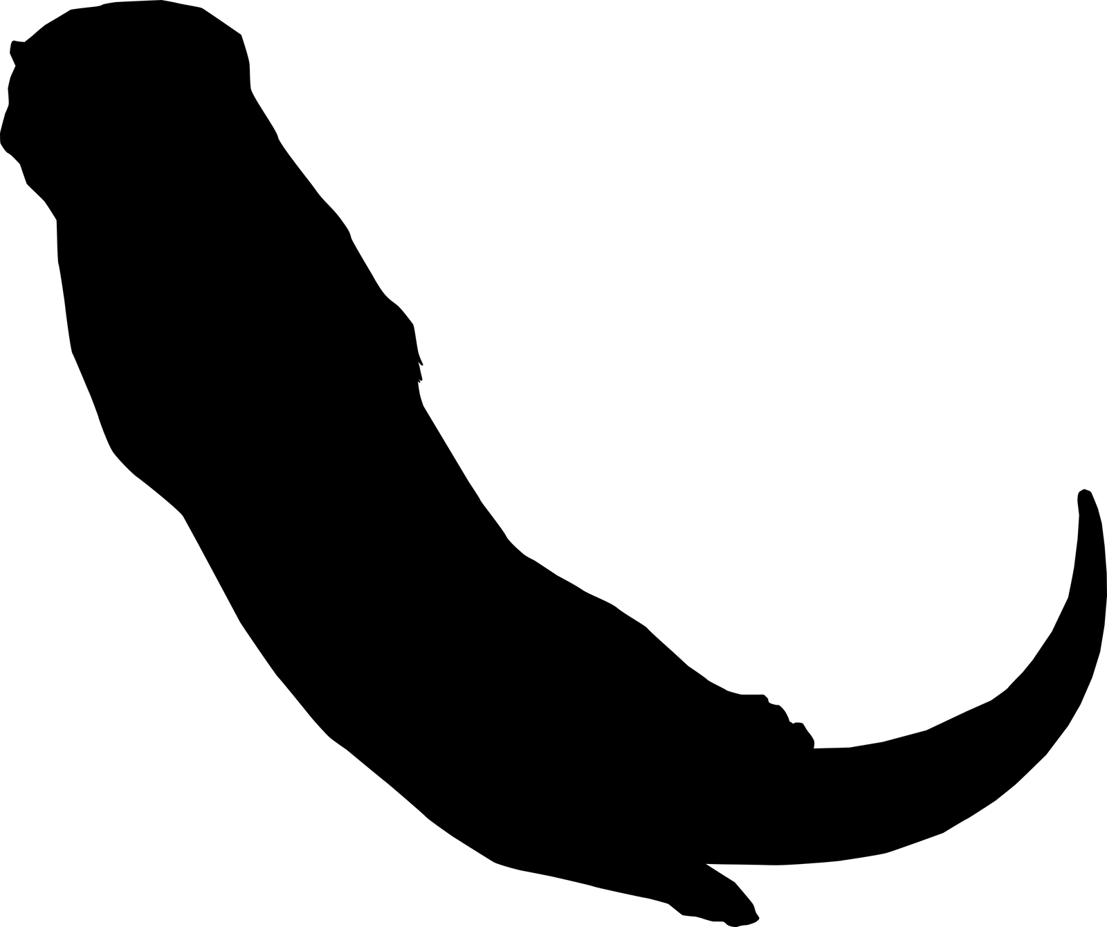 A black silhouette of a swimming otter with its head raised, legs held close and long tapering tail curved upwards.