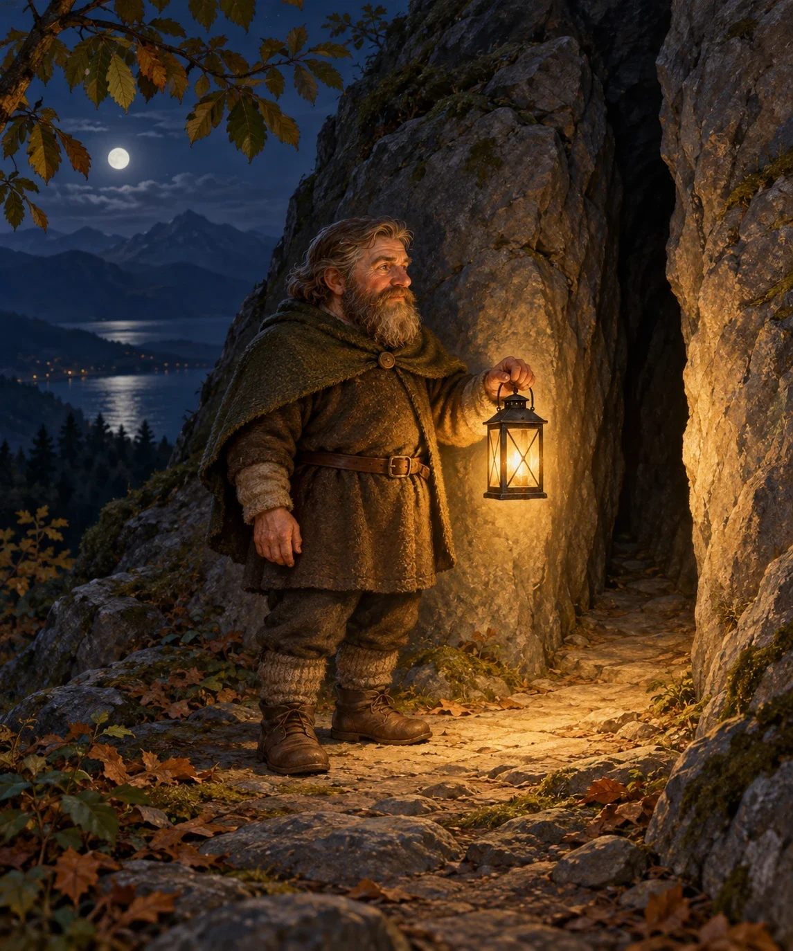 A dwarf guide holds a lantern beside a wooded rock cleft at night.