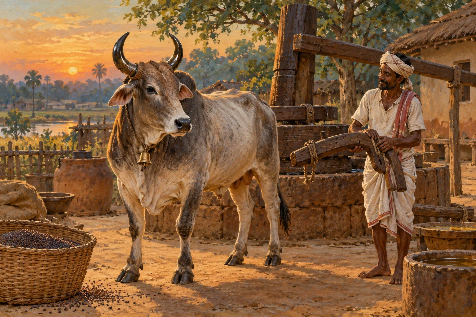 A bullock with curved horns and a neck bell stands beside an oilman holding a loose wooden yoke near an oil mill.
