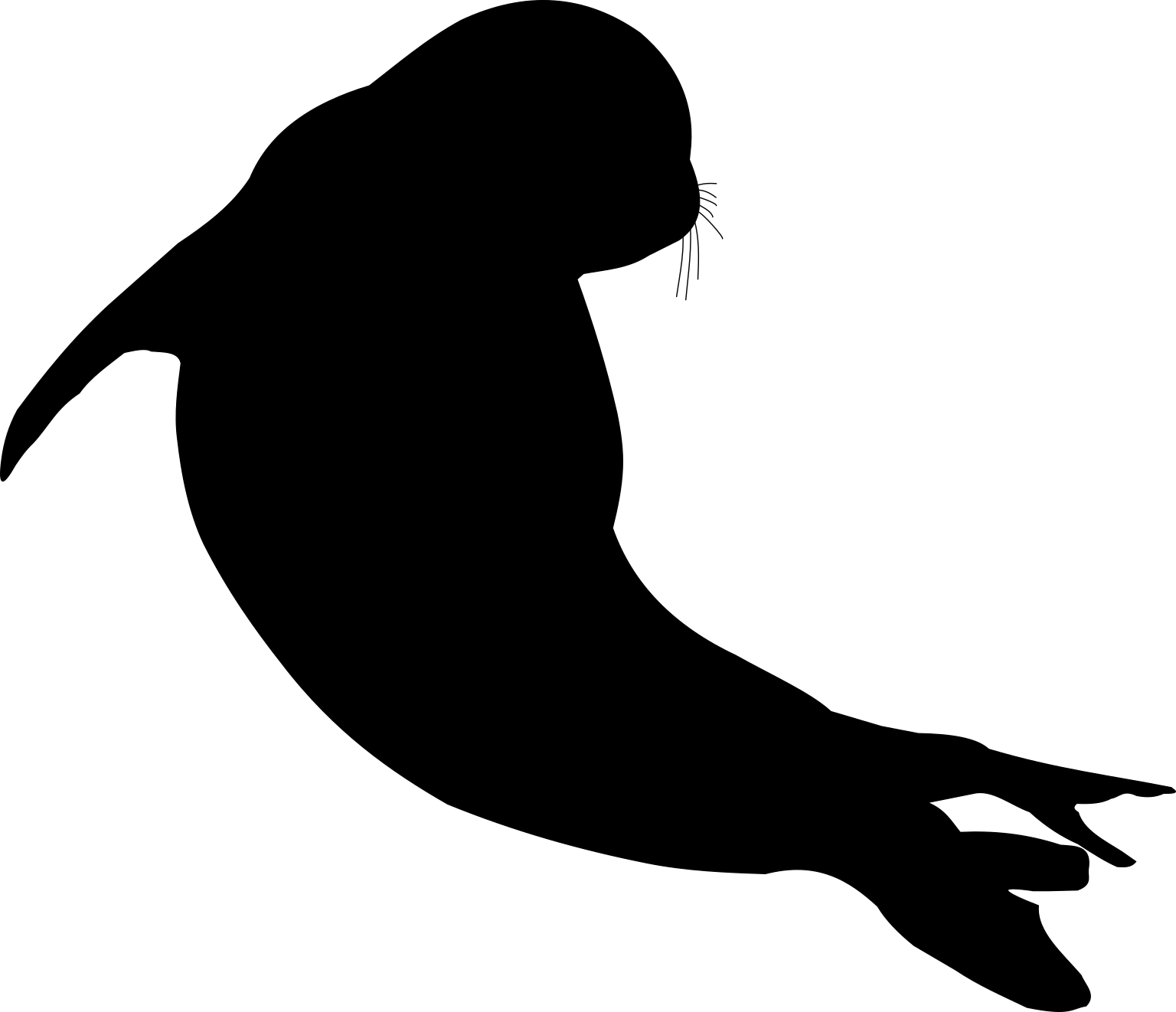 A black silhouette of a swimming seal with a rounded head, whiskers, foreflippers and trailing hindflippers.