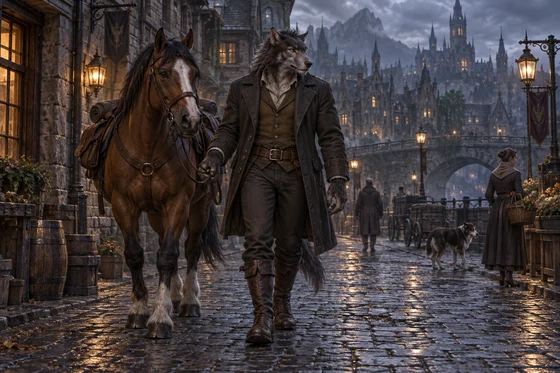 Whole controlled wolf humanoid civilian and horse in imagined Gilnean street.