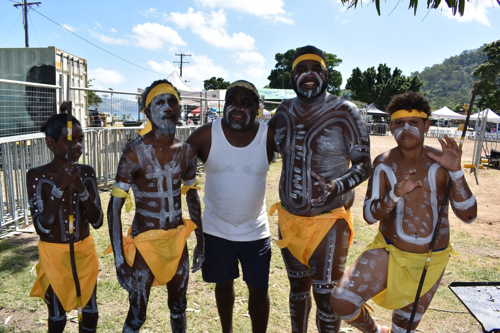 Bwgcolman dancers and a festival participant at Palm Island’s Deadly Didge ’n’ Dance Festival, April 2018