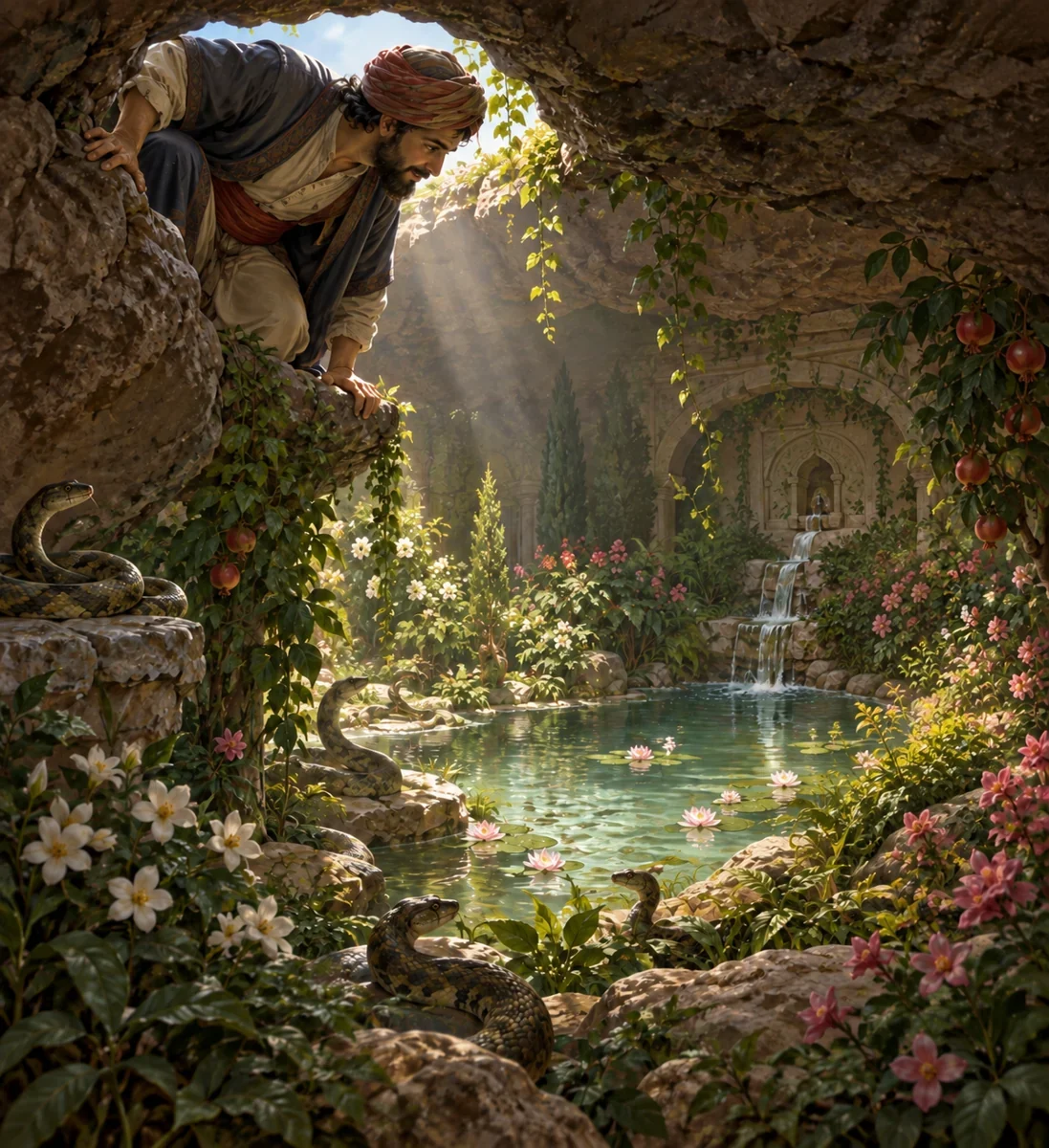 AI interpretation of Cemşab’s hidden garden. Setting imagined.