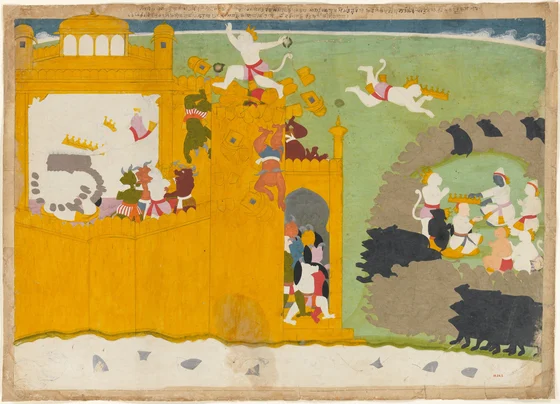 Partly finished painting showing white monkey warrior Angada repeatedly: inside a gold fortress, breaking its rampart, flying with a crown, and joining Rama’s group on the right; painted bears line the hillside.