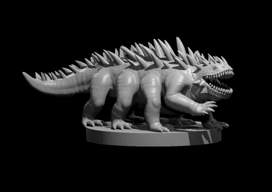 Grey eight-legged reptilian basilisk miniature with open toothed jaws, numerous dorsal spikes and long tail, on an oval base against black.