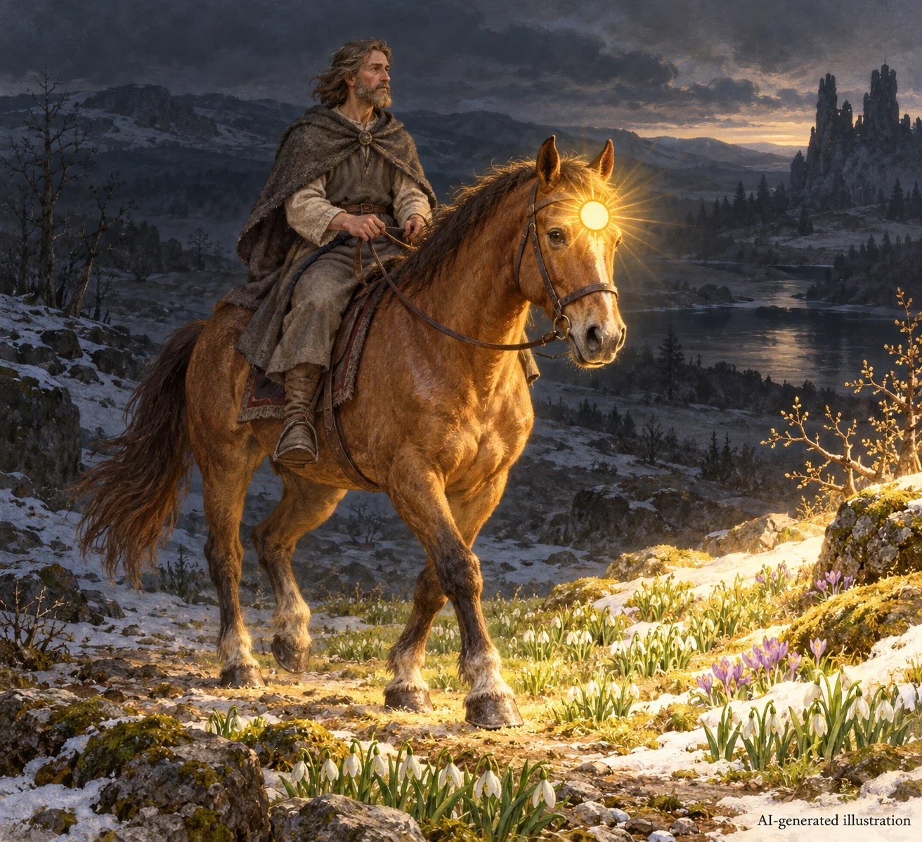 A mounted seer returns on a horse whose forehead sun illuminates dim ground and spring flowers.