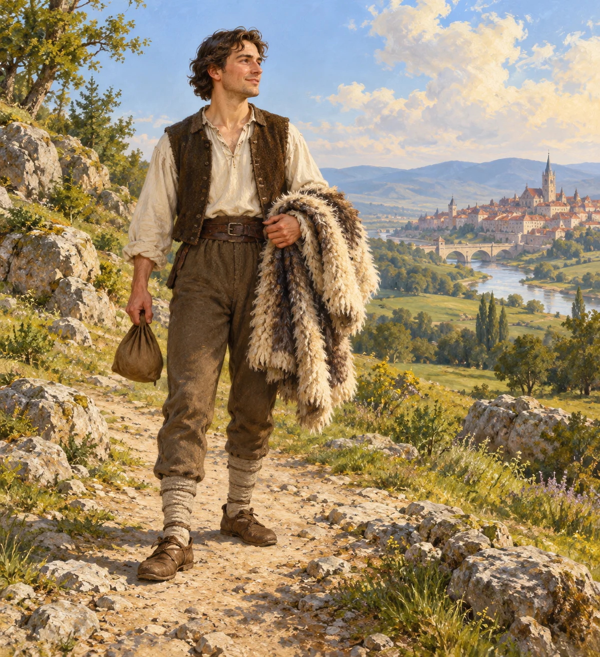 The shepherd carries his bag and unworn fur cloak; adult appearance, clothing and pre-journey staging imagined.