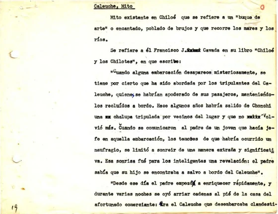 Enciclopedia Chilena manuscript article headed Caleuche, Mito; documentary source-page facsimile
