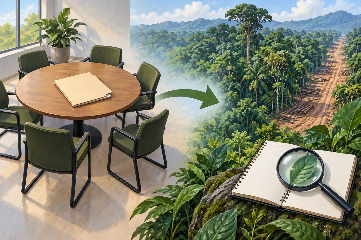 Imagined petition and consultation diagram beside a tropical forest.