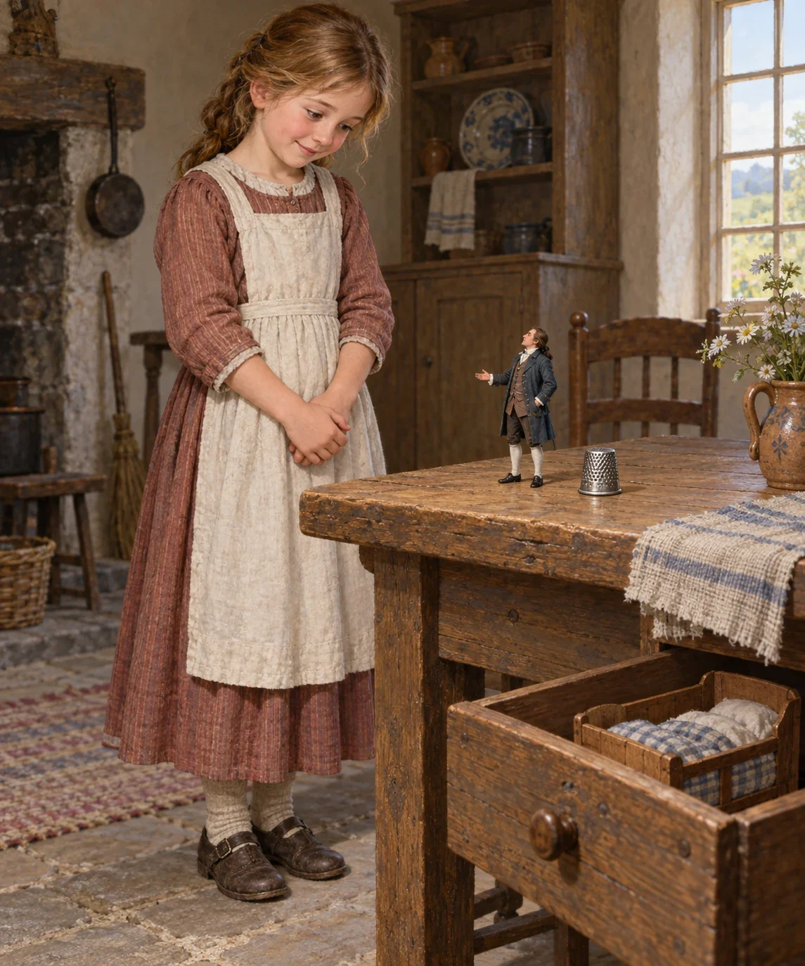 Modern AI interpretation of Glumdalclitch attending the much smaller Gulliver beside a thimble cup and adapted cradle. Faces, clothing, room details and composition are imagined; relative giant scale follows the selected account.