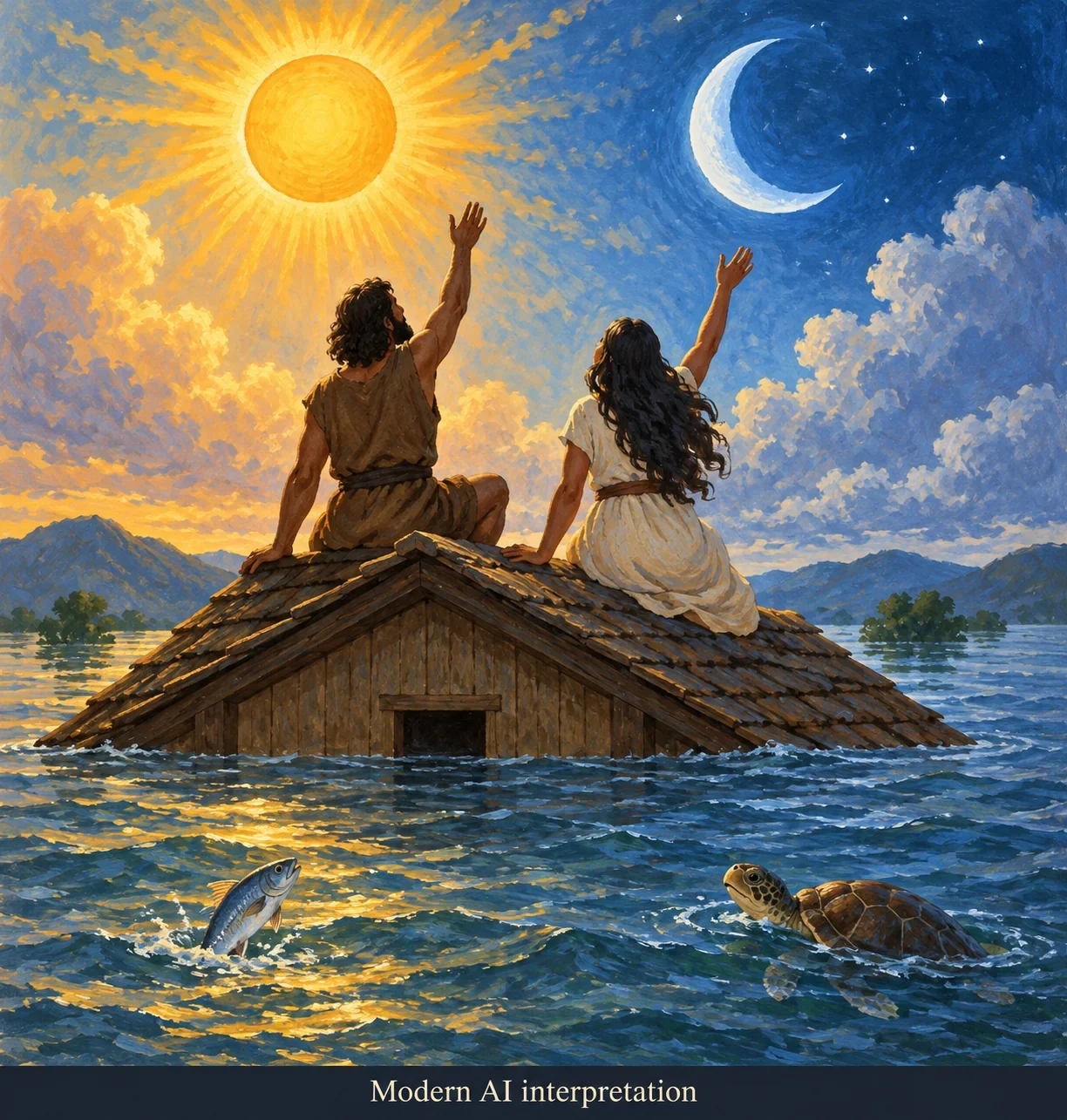 AI interpretation of Sun and Moon escaping Water.