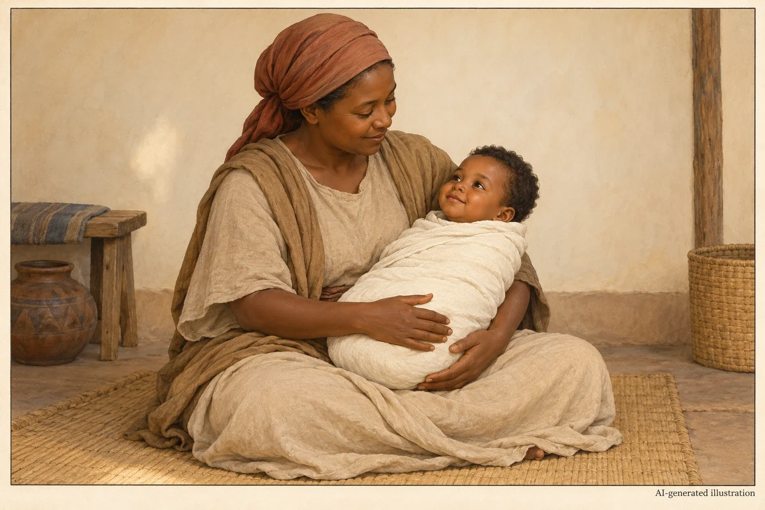 An imagined nurse supports a fully wrapped child in a quiet caregiving scene.
